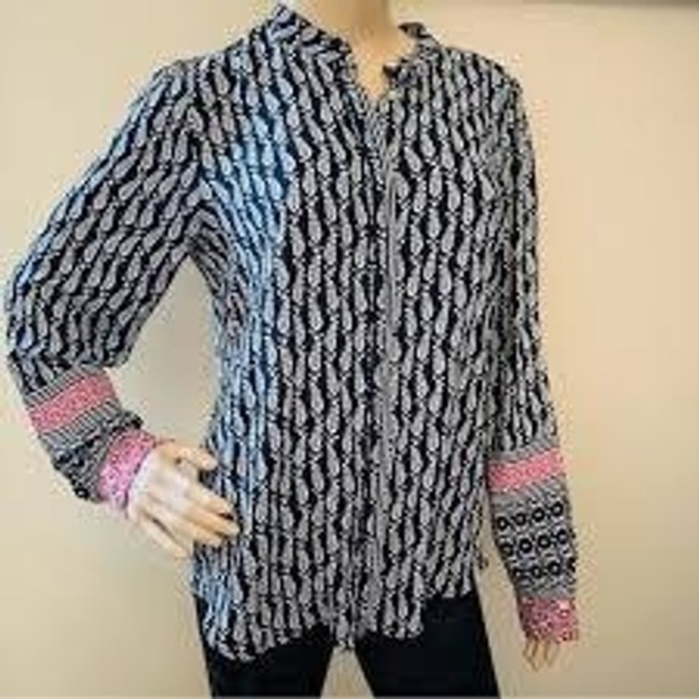 "NWT" LOFT Women's L Navy Blue White Floral Leaf Print Band Collar Blouse 464409